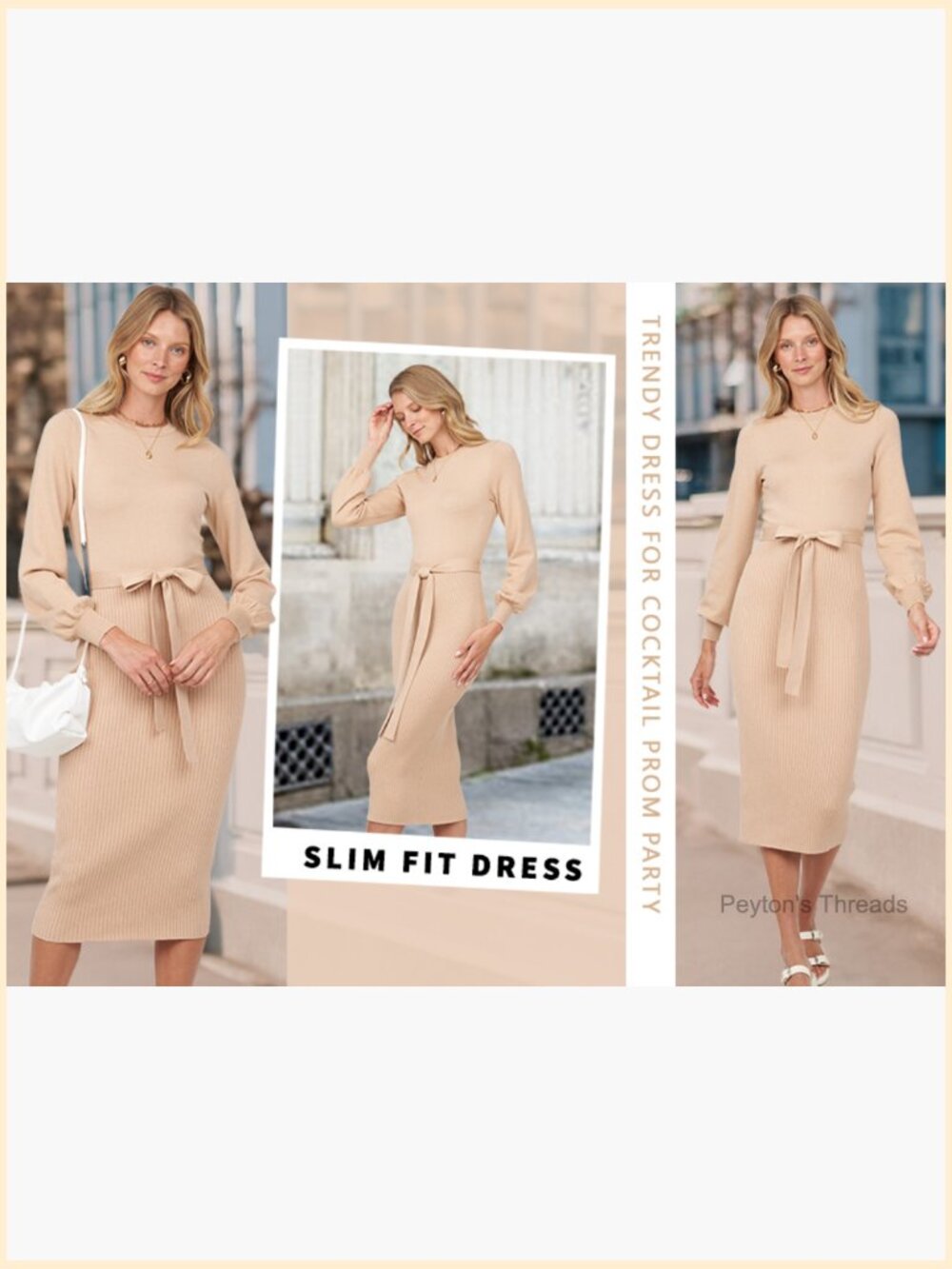Womens Ribbed Knit Bodycon Midi Sweater Dress Puff Long Sleeve Work - Picture 6 of 7